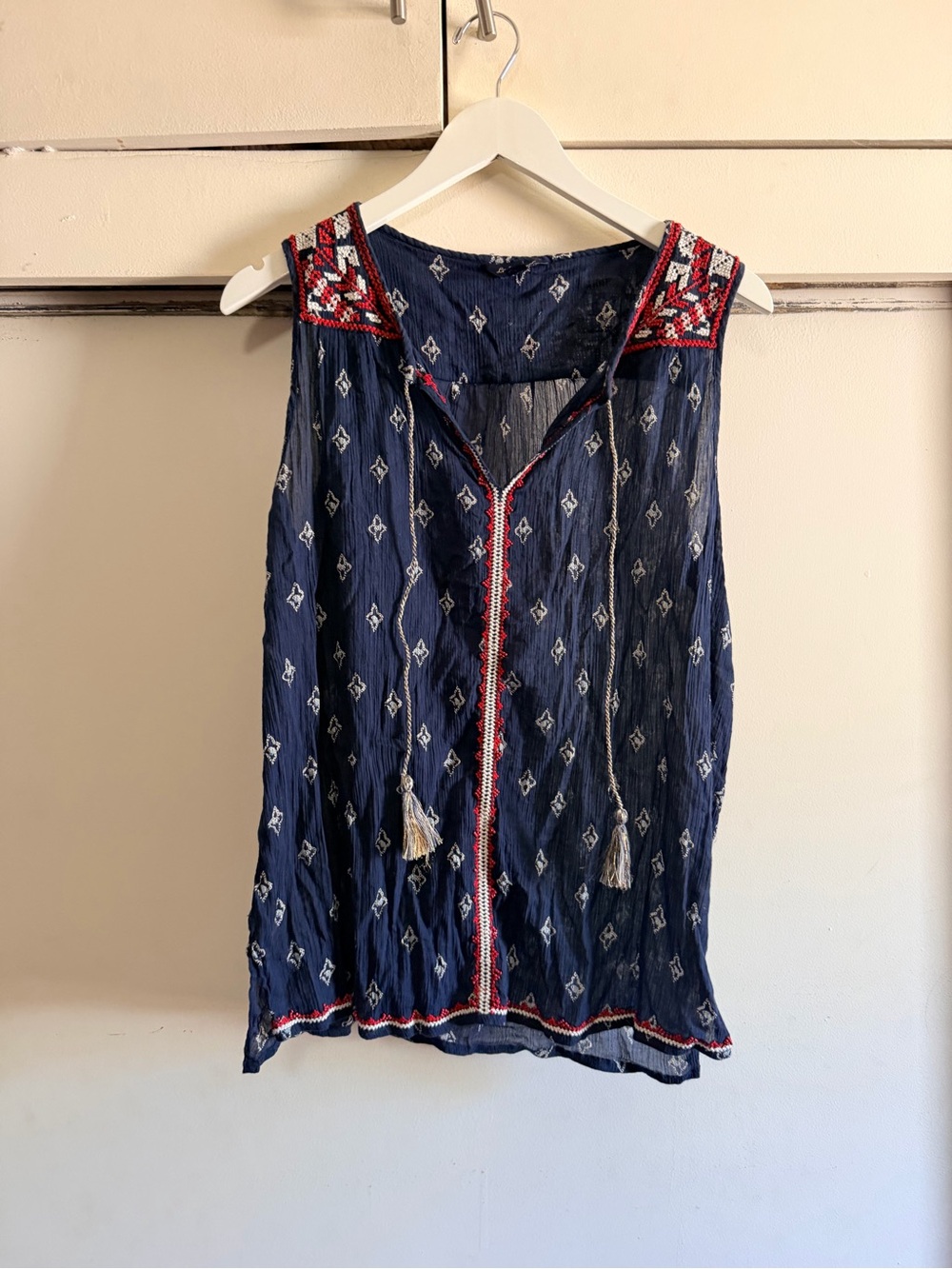 Lucky Brand Sleeveless Navy Embroidered Peasant Top with Tassel Tie